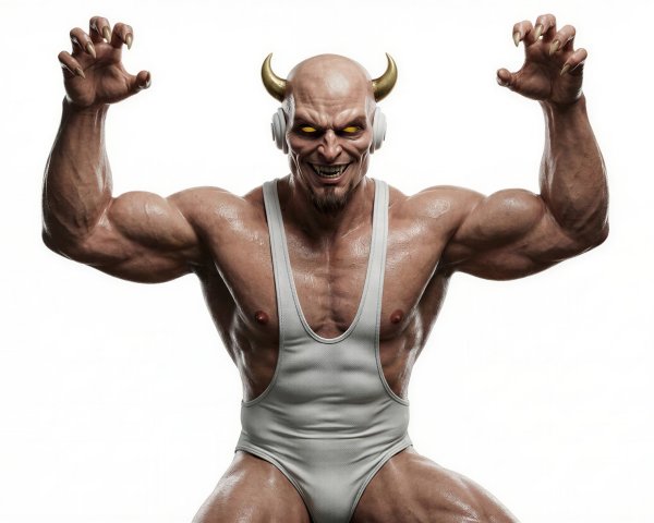 Hyper-realistic 3D render of a muscular demon character