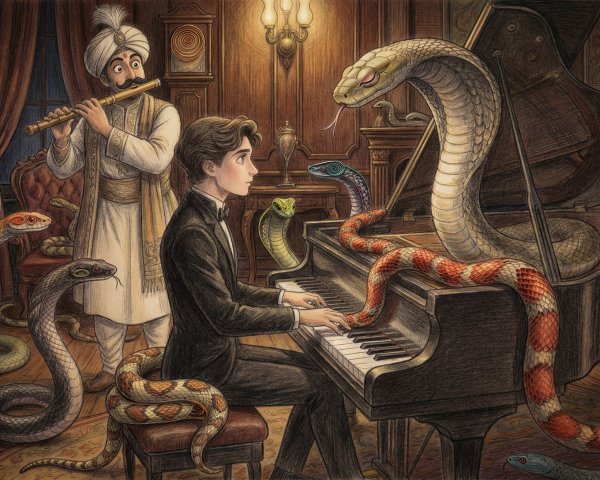 Young man in suit plays piano with snakes present