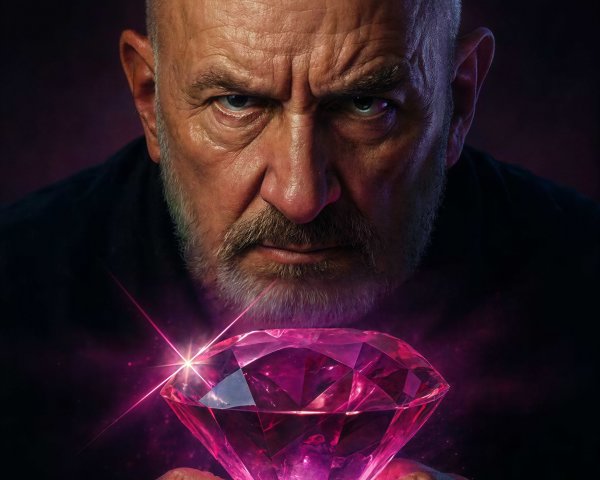 Close-up of a man with a pink diamond in dark setting