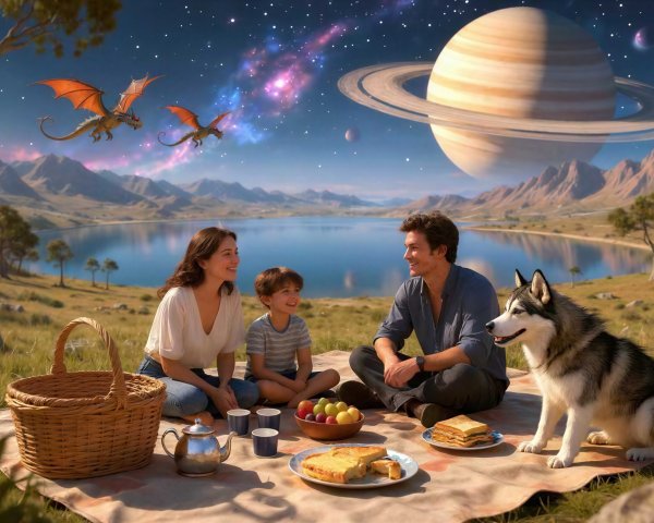 Family Picnic on a Hill by a Lake and Mountains