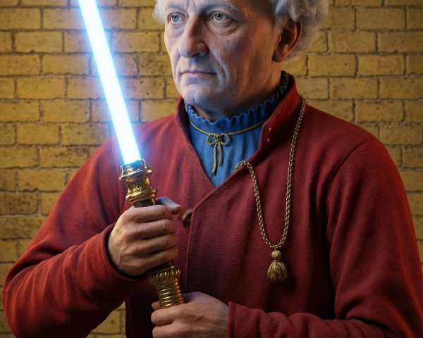 Portrait of an old man with a blue lightsaber and red tunic