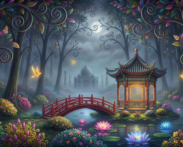 Whimsical Night Forest with Pagoda and Taj Mahal