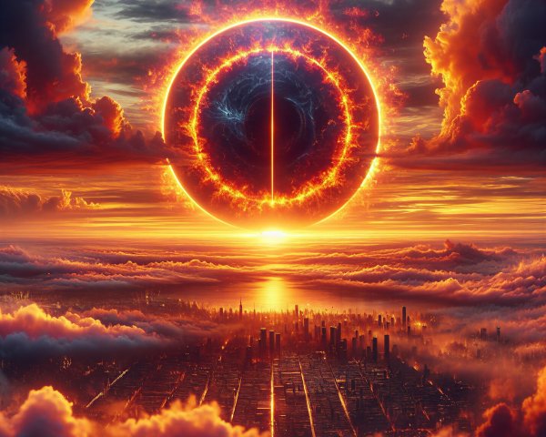 Dramatic sunset over cityscape with cosmic ring