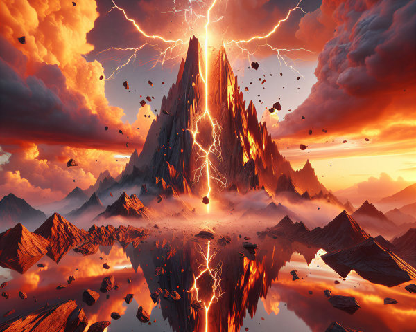 Dramatic Landscape of Mountains and Fiery Sunset