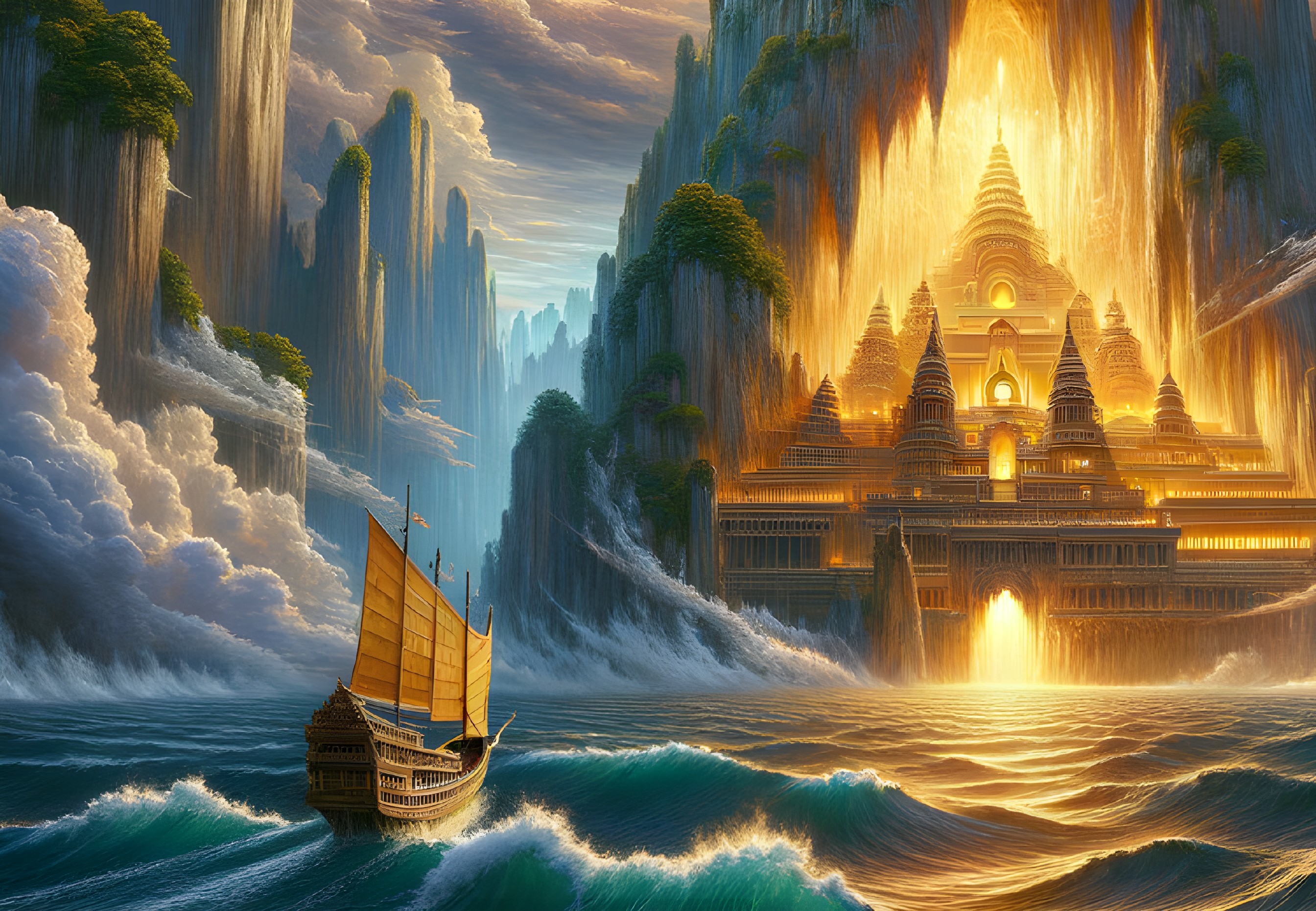 Golden Temple Surrounded by Cliffs at Sunset