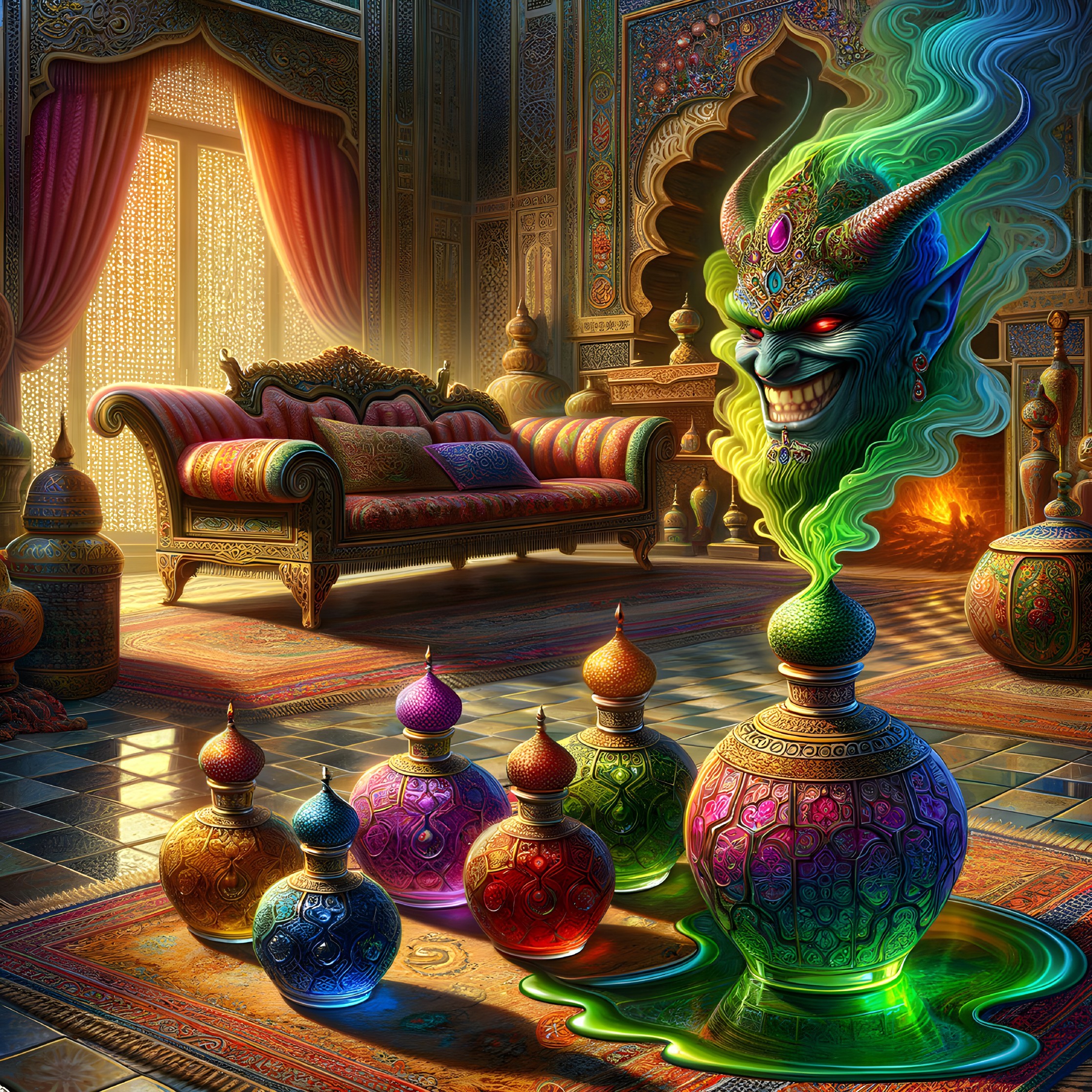 Intricately Designed Potion Bottles in Enchanted Room