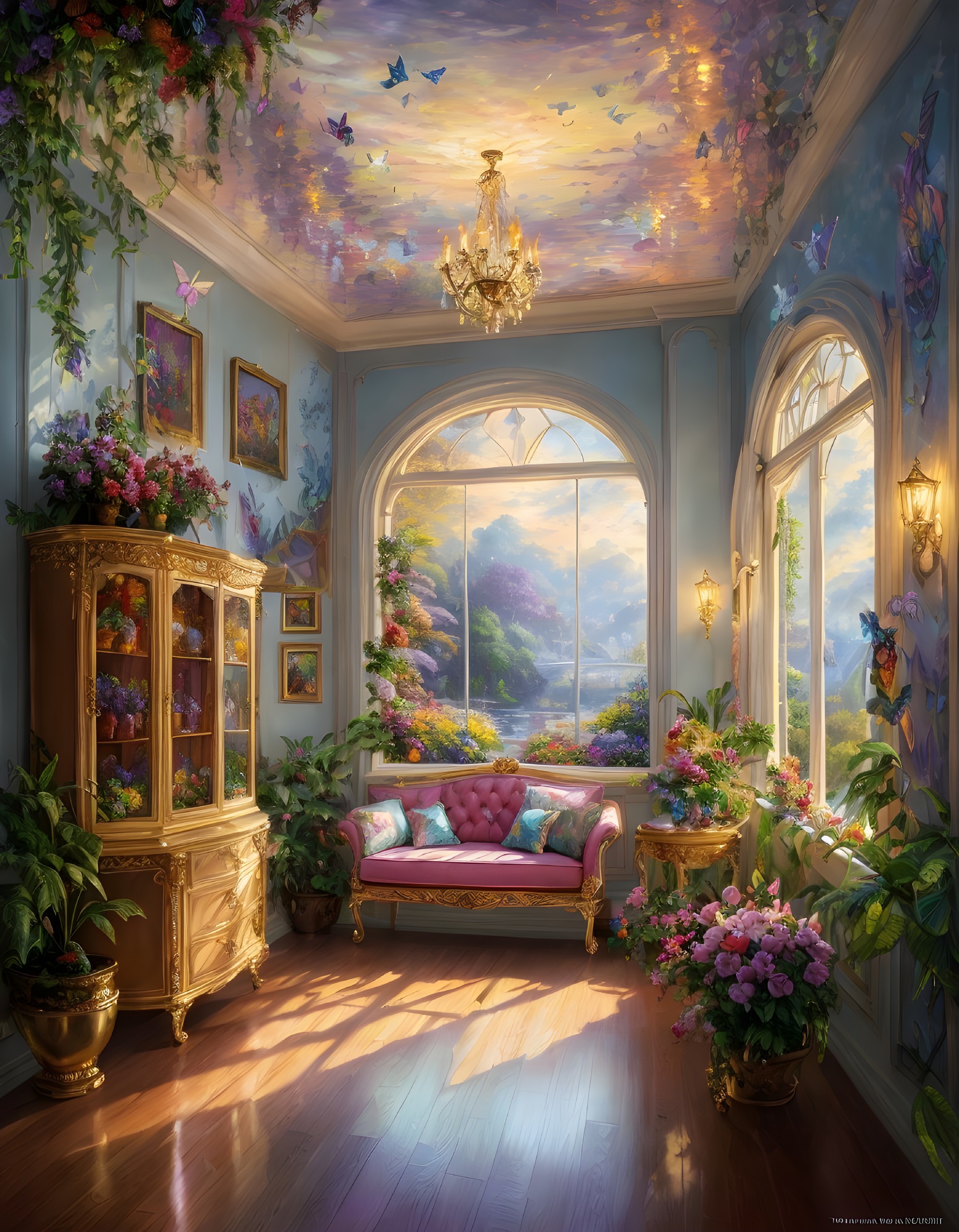Serene Sunlit Room with Lush Greenery and Elegant Decor