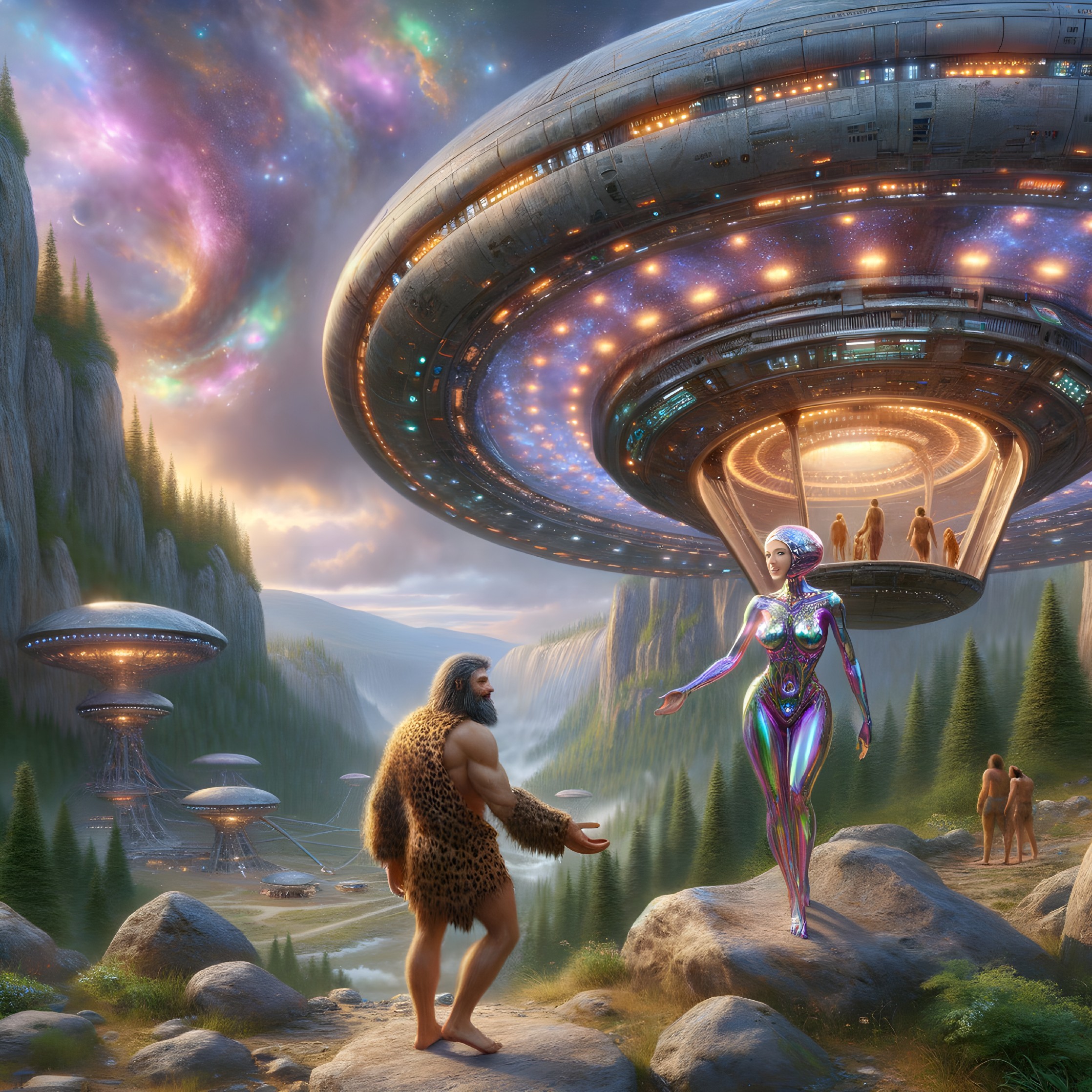 Surreal Landscape of Caveman and Humanoid Robot