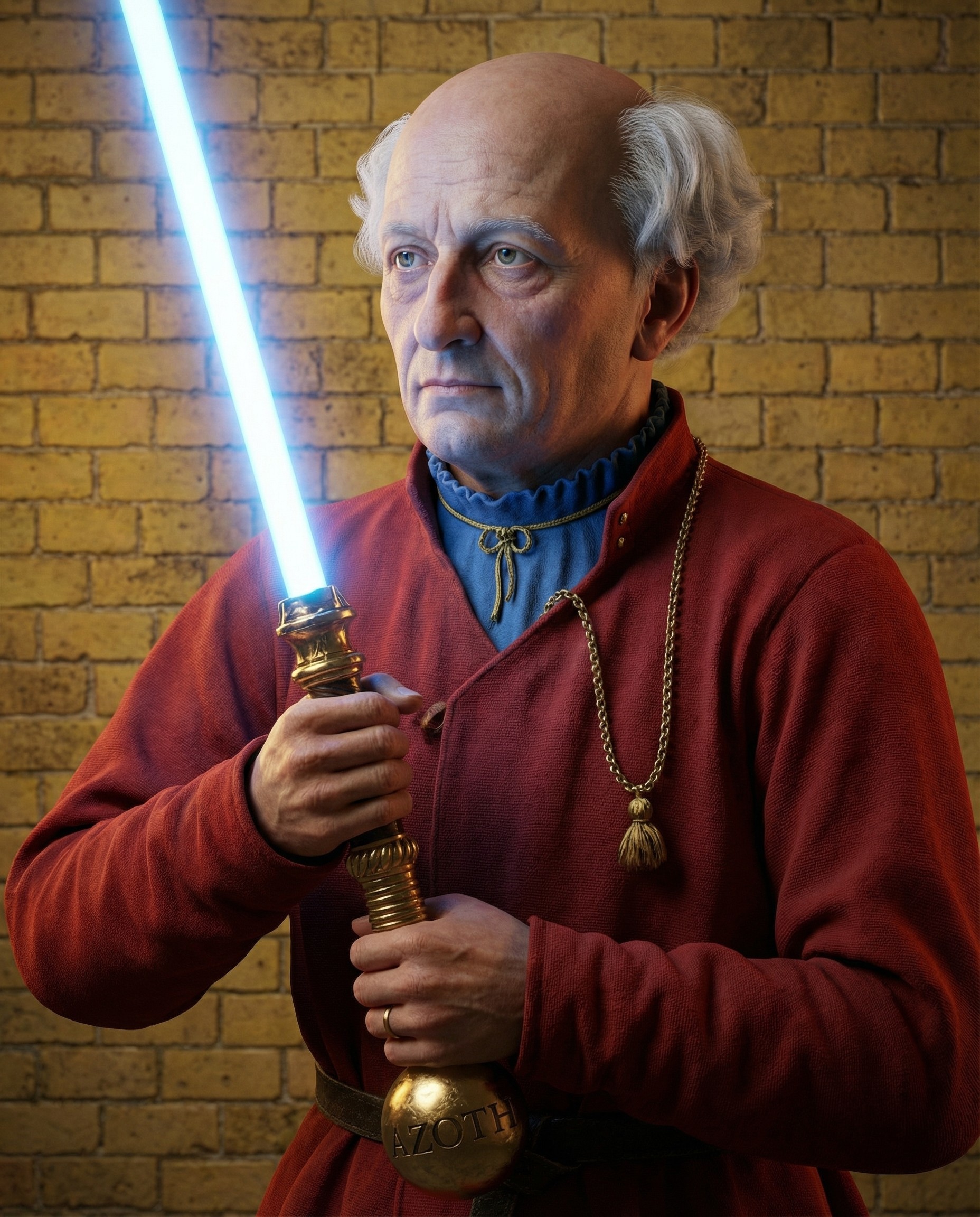 Portrait of an old man with a blue lightsaber and red tunic
