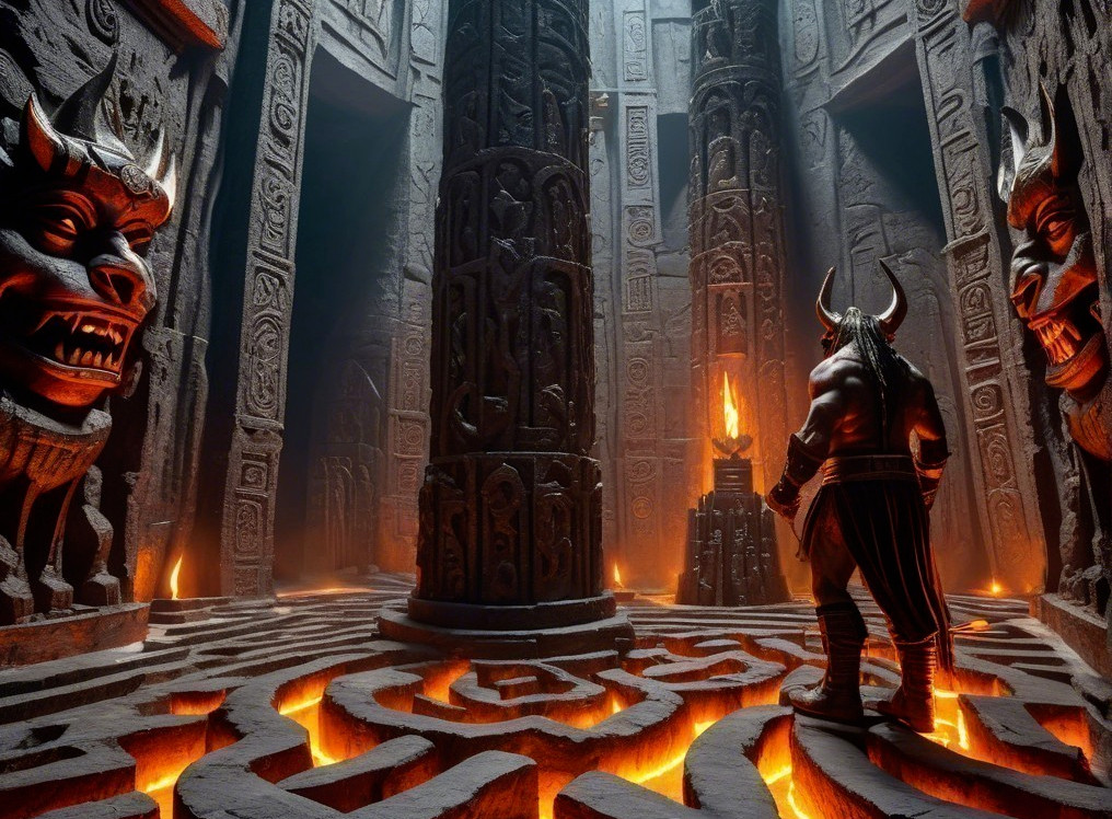 Underground temple with stone pillars and flickering flames