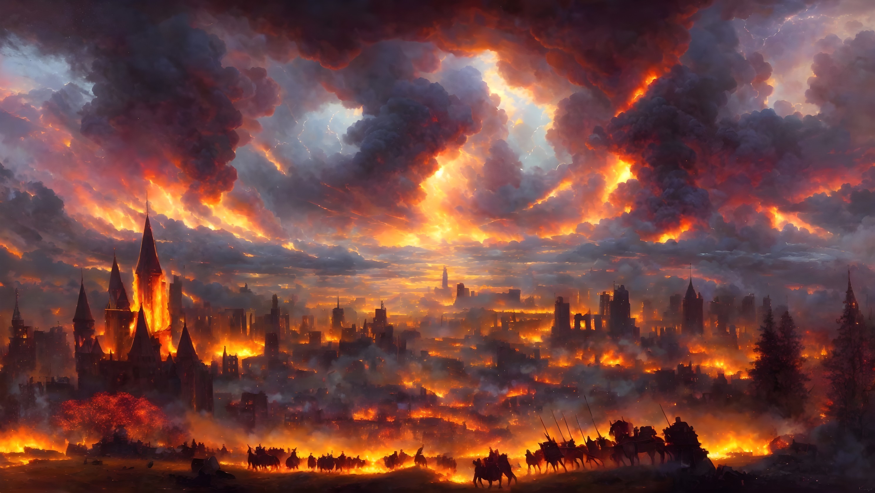 Dramatic Sunset Over Fiery Cityscape and Ruins
