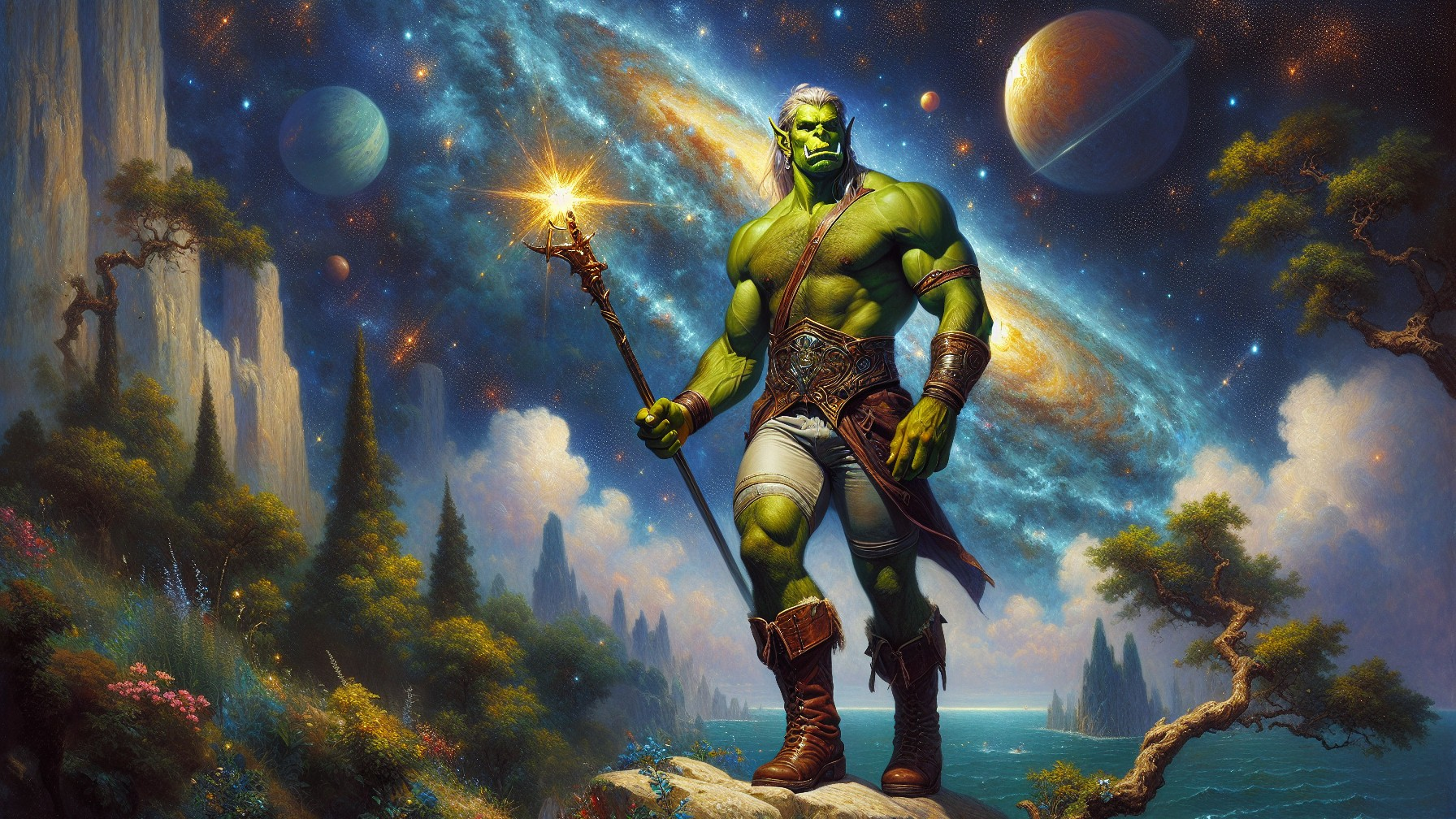 Green-Skinned Warrior with Glowing Staff in Cosmos