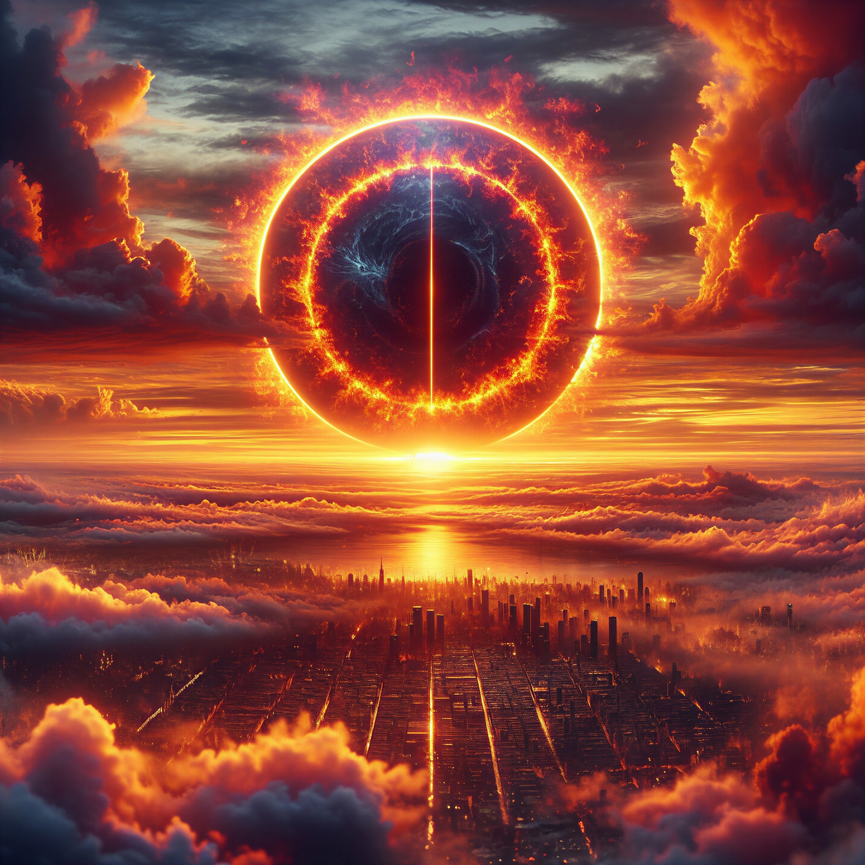 Dramatic sunset over cityscape with cosmic ring
