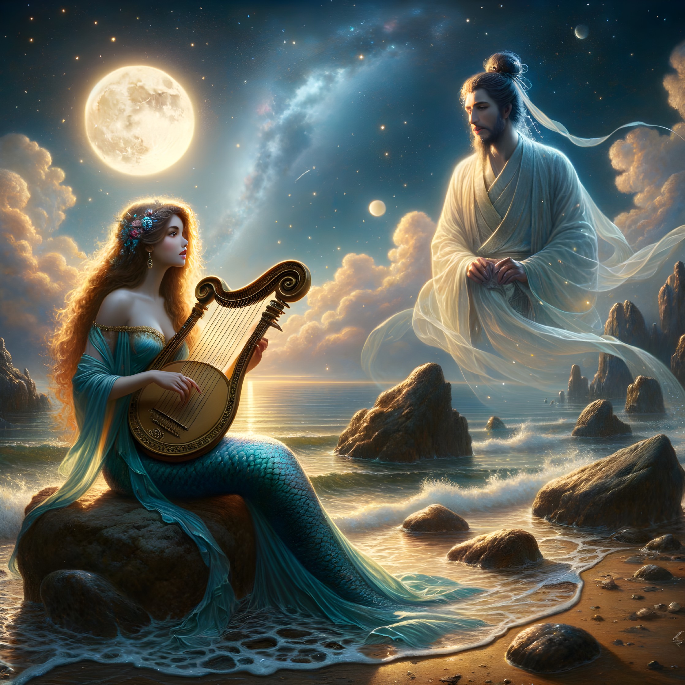 Mermaid Playing Harp in Mystical Seascape at Night