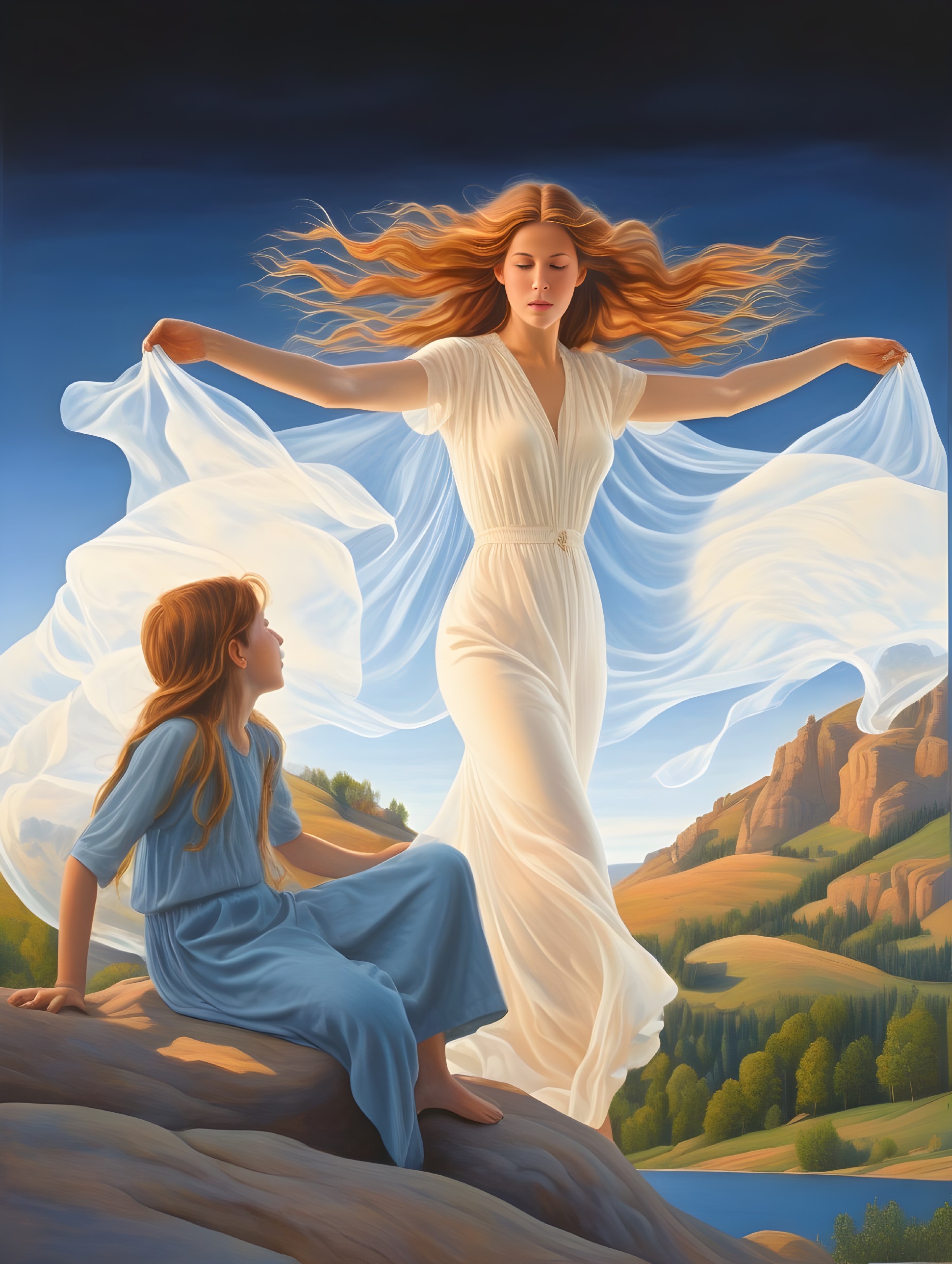 Serene Landscape with Woman and Girl in Dresses