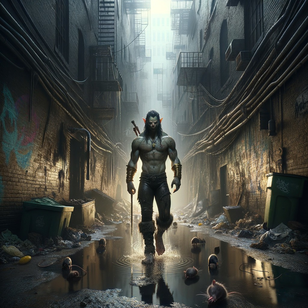 Humanoid Figure in Dimly Lit Urban Alley Scene