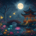 Whimsical Night Forest with Pagoda and Taj Mahal