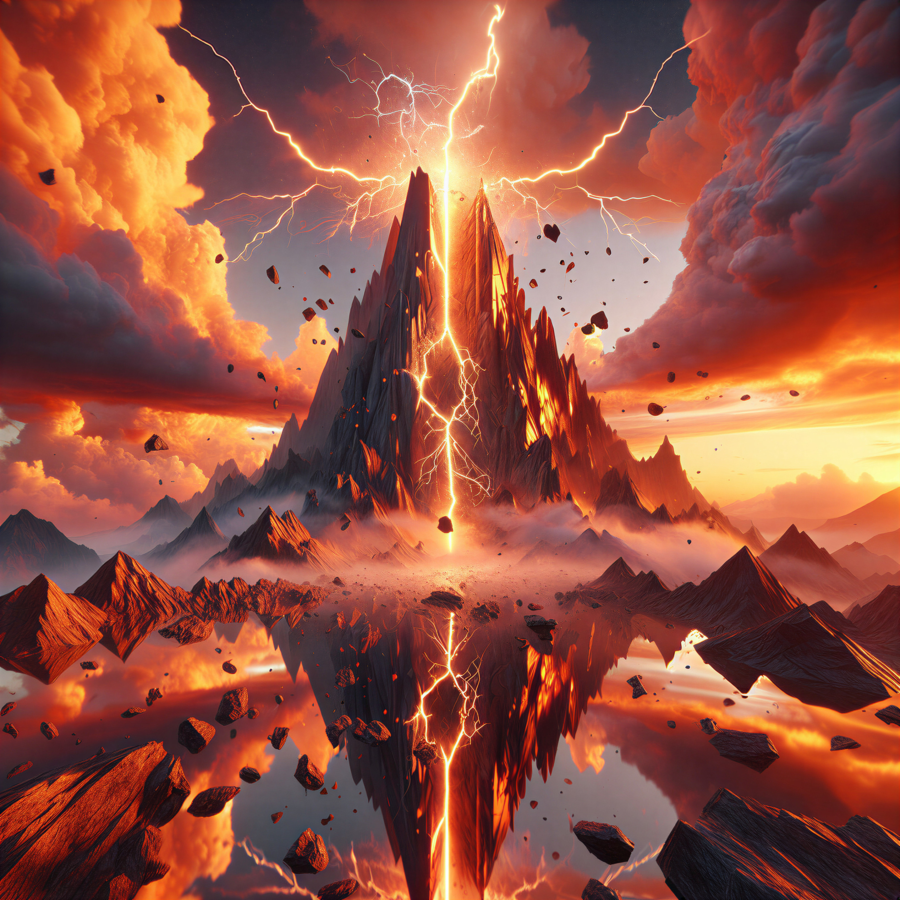 Dramatic Landscape of Mountains and Fiery Sunset