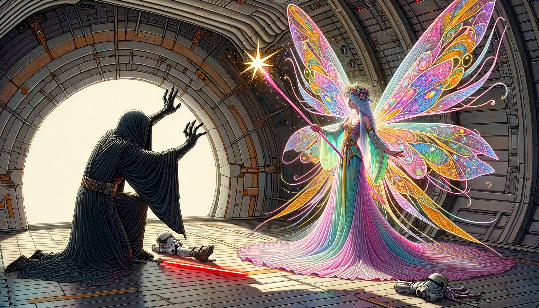 Hooded Figure Kneeling Before Radiant Fairy in Space