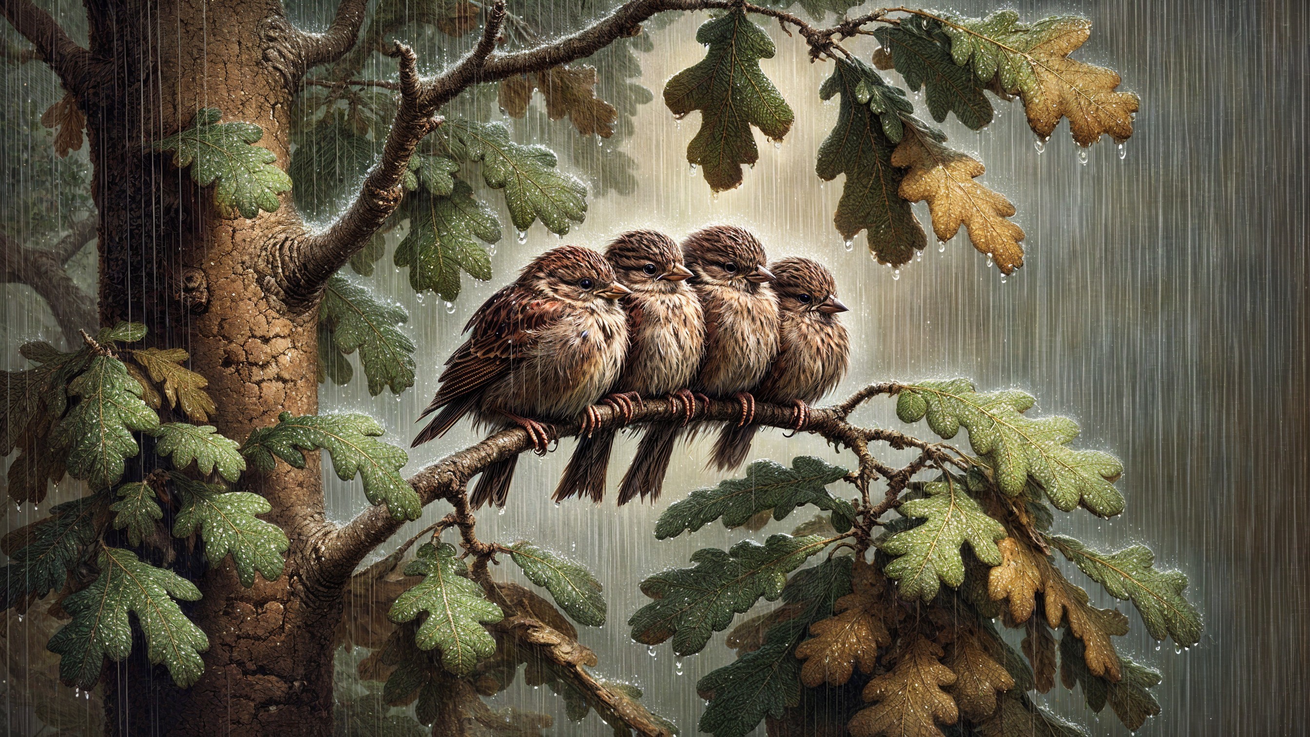 Four Birds on a Branch in a Rainy Forest Setting