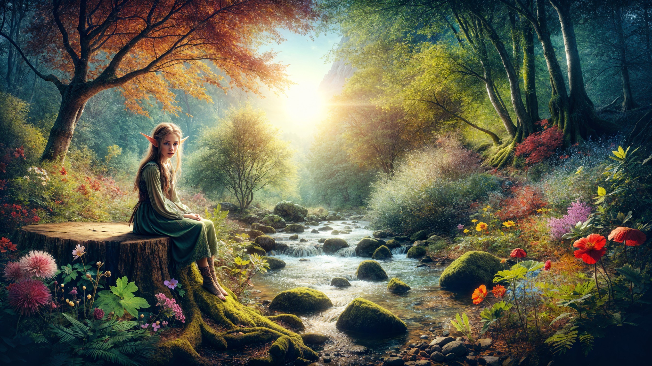 Elf in Forest Clearing by Shimmering Stream