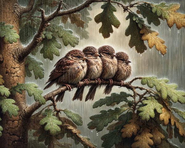 Four Birds on a Branch in a Rainy Forest Setting