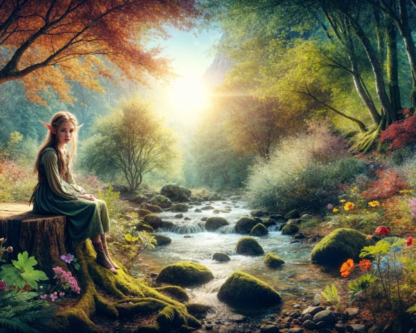 Elf in Forest Clearing by Shimmering Stream