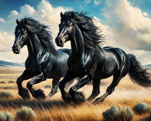 Black Horses Galloping in Golden Grassland Landscape