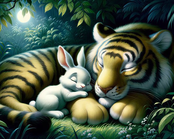 Cartoon Tiger and Bunny Sleeping in Dreamy Jungle