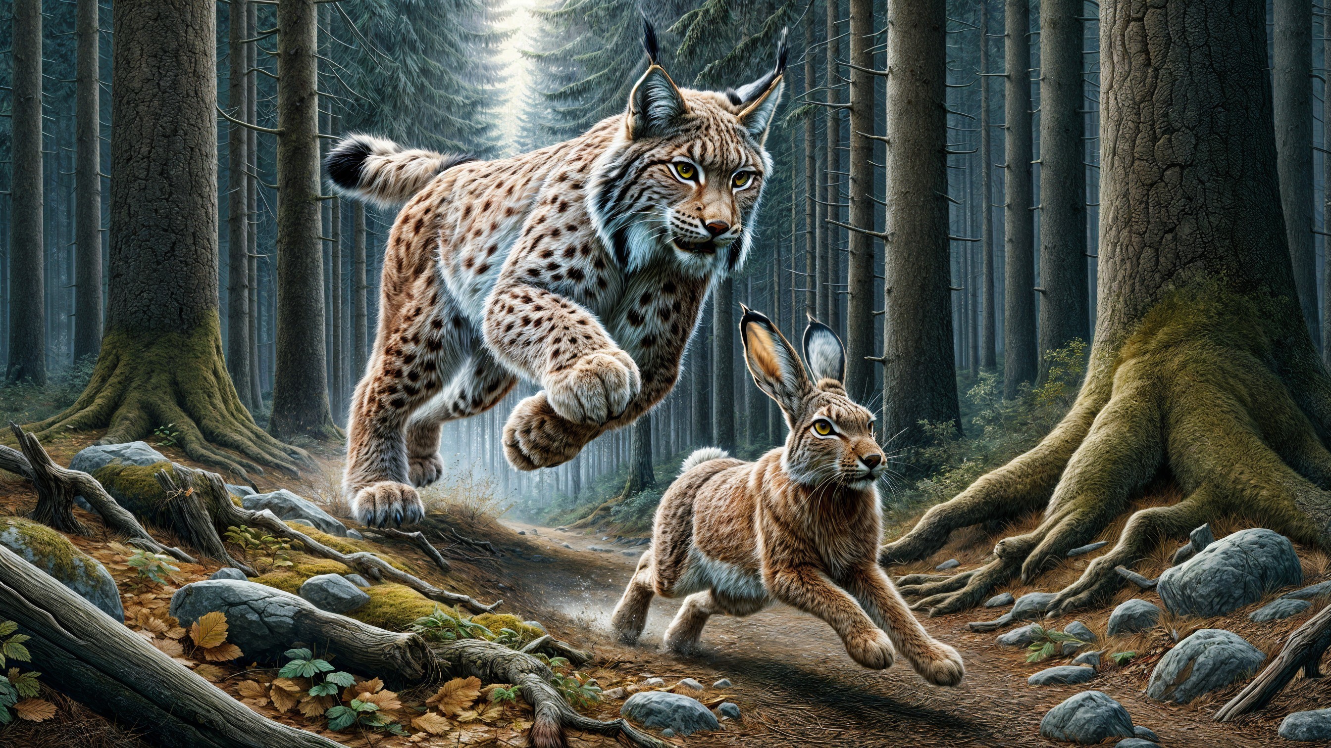 Lynx Chasing Hare in a Serene Forest Setting