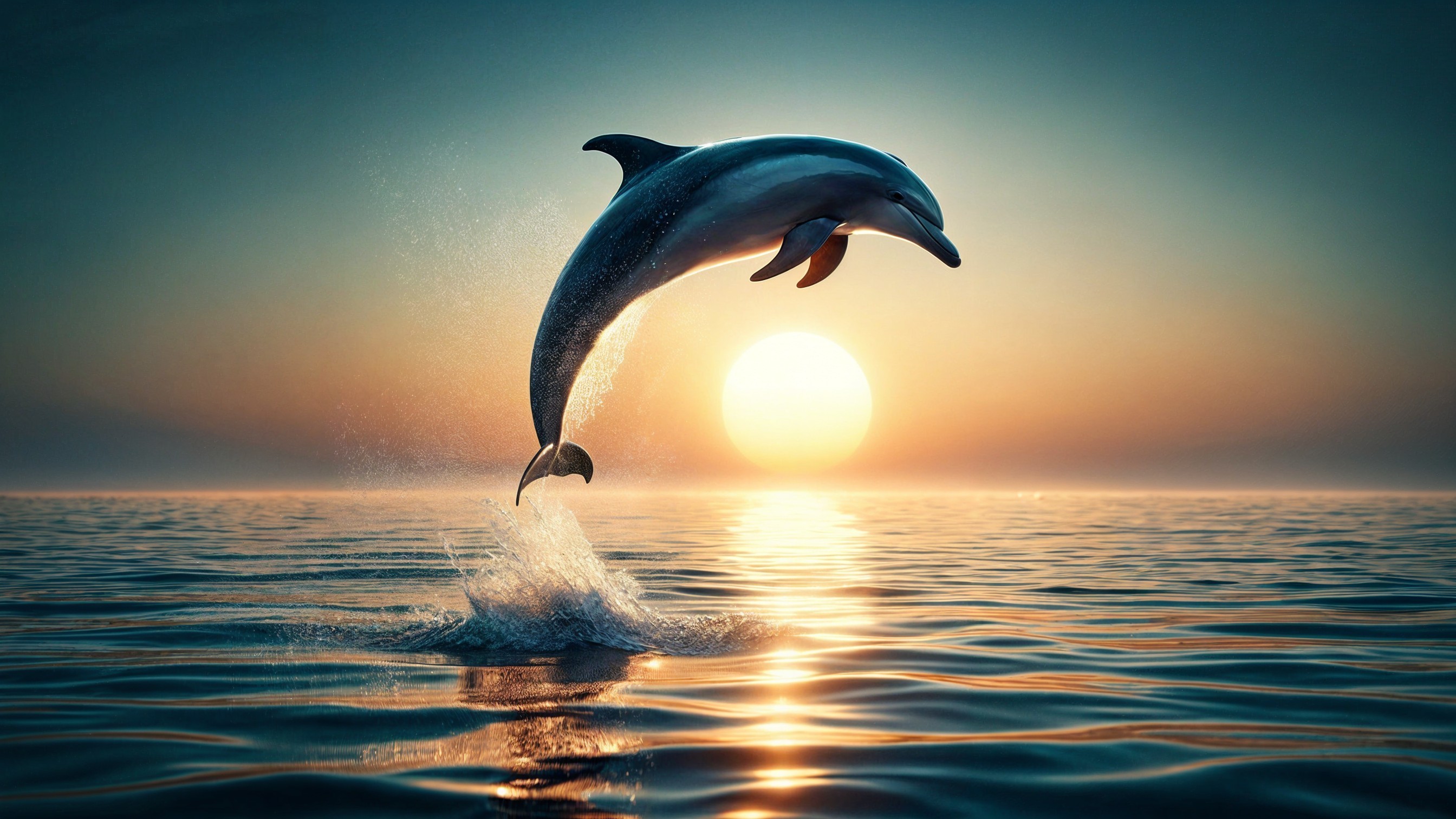 Dolphin Leaping Against Vibrant Sunset Over Ocean