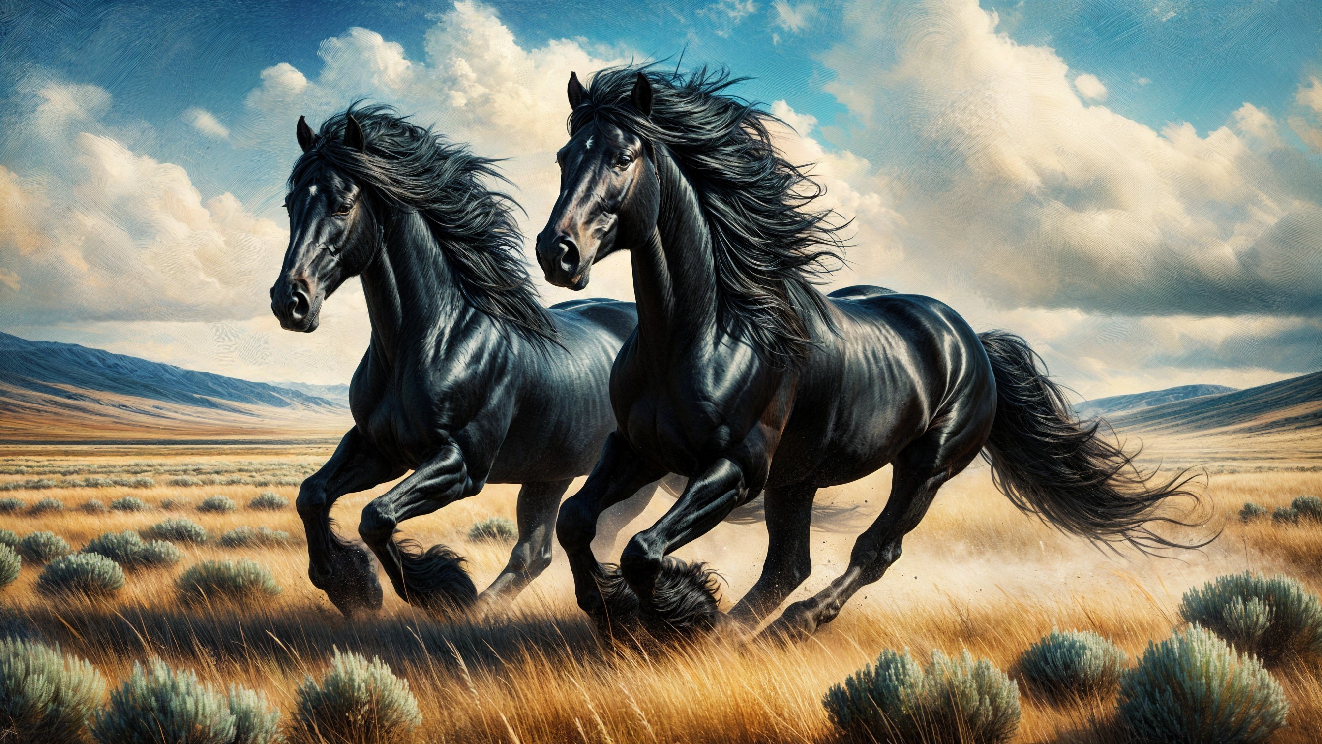 Black Horses Galloping in Golden Grassland Landscape