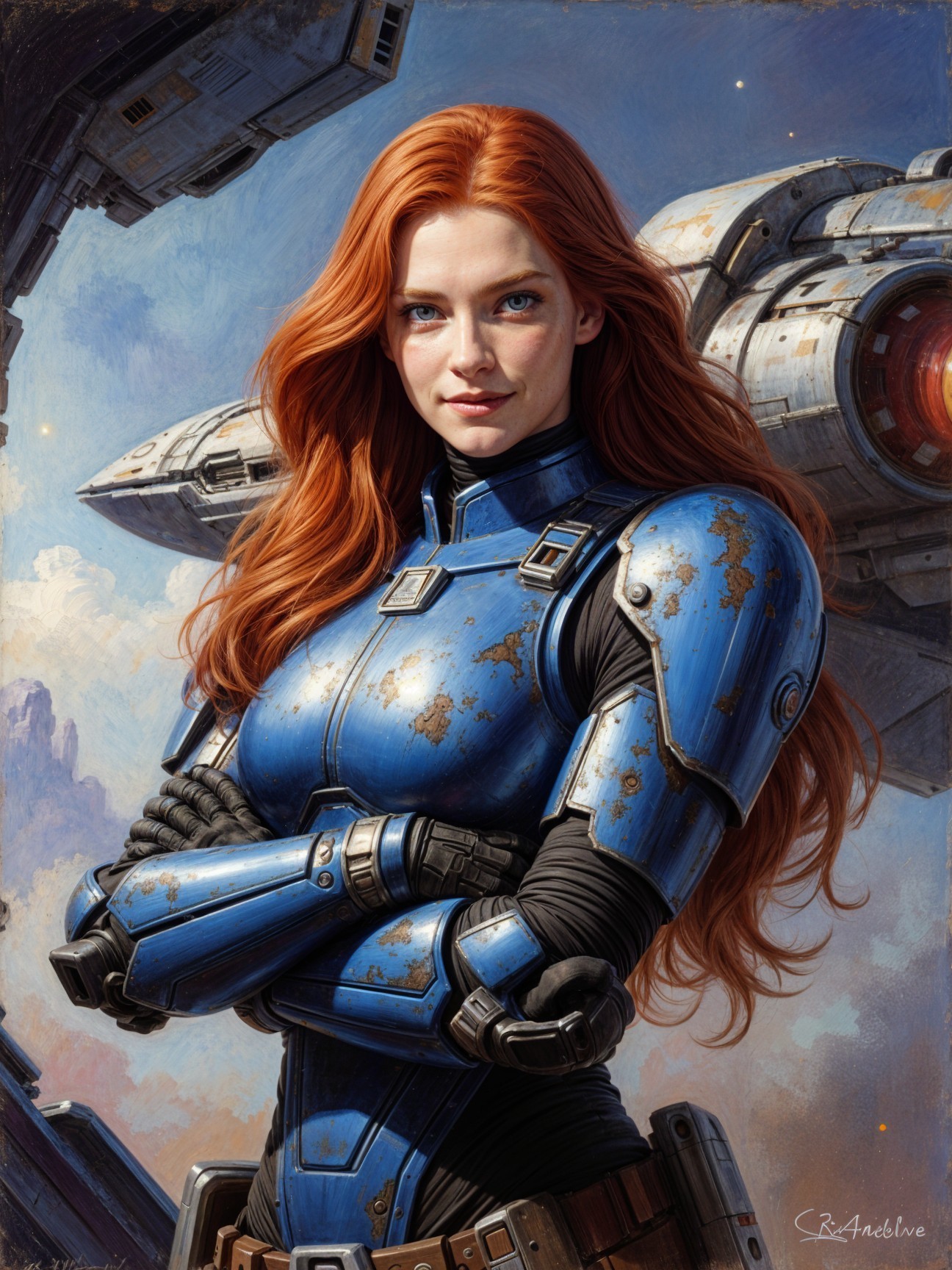 Confident Female Character in Futuristic Armor