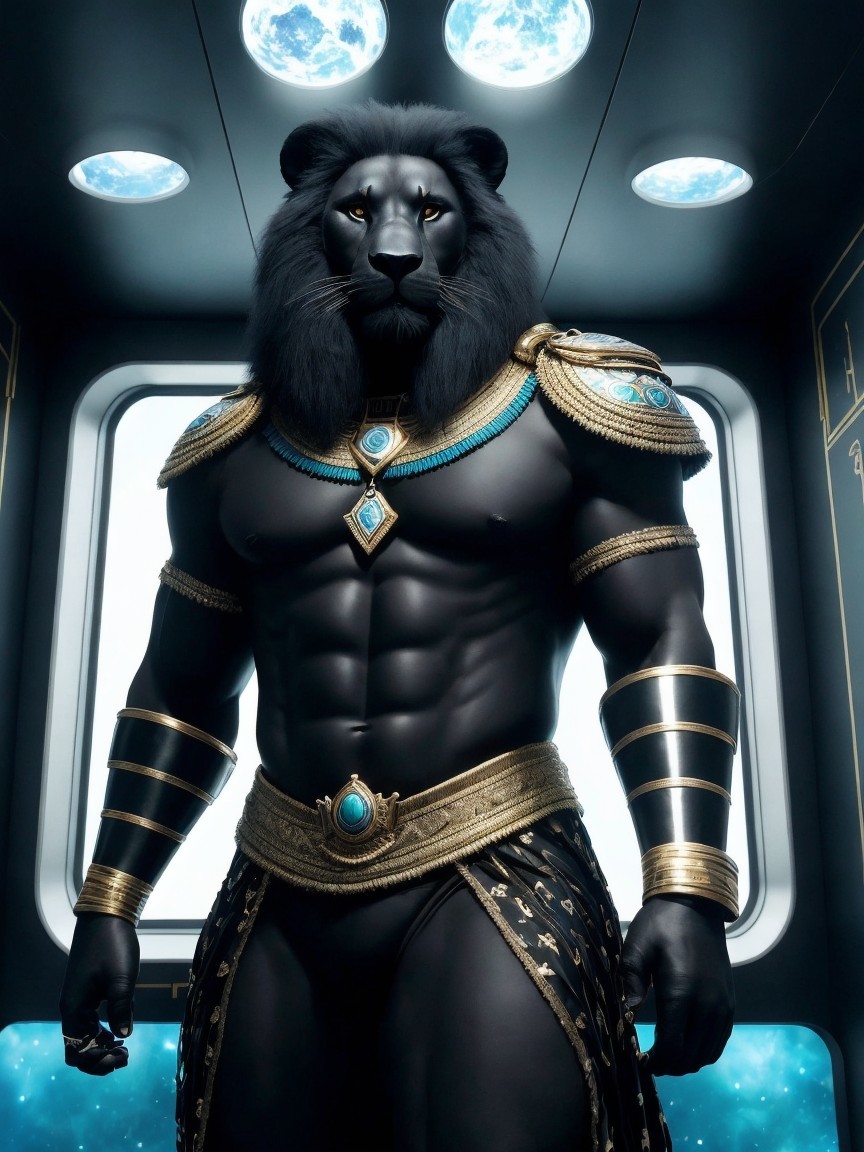 Muscular Humanoid Figure with Lion Head in Armor