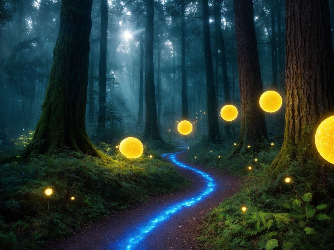 Mystical Forest Path with Ancient Trees and Mist