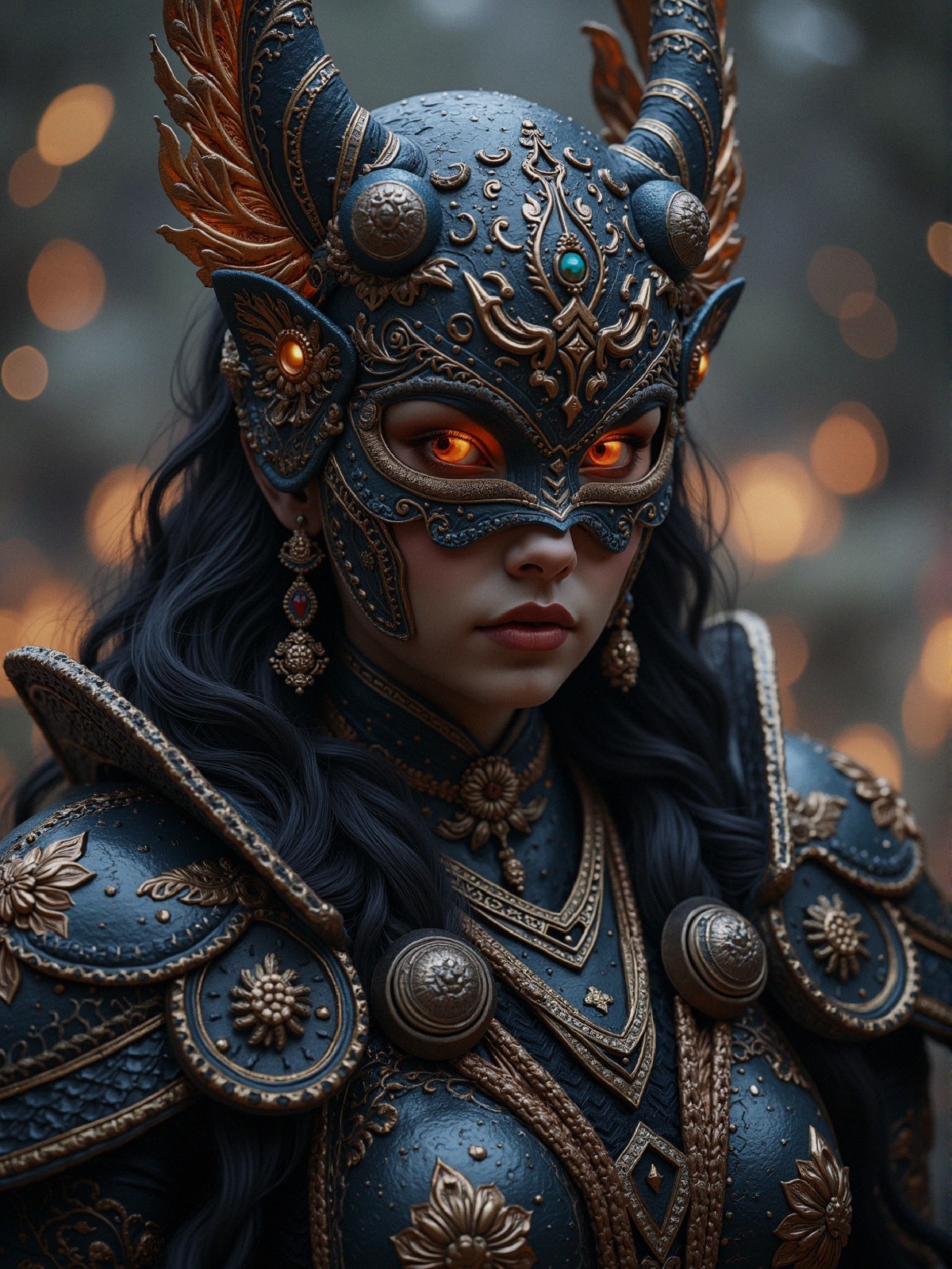 Fierce Warrior in Intricate Armor with Glowing Helmet