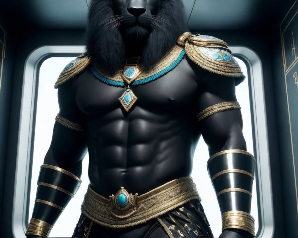 Muscular Humanoid Figure with Lion Head in Armor