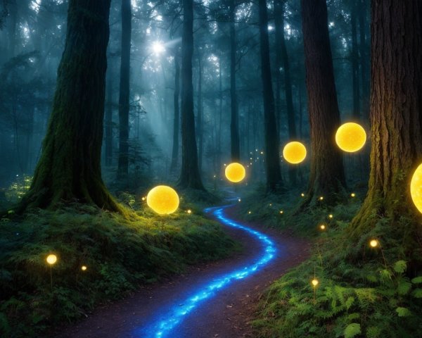 Mystical Forest Path with Ancient Trees and Mist