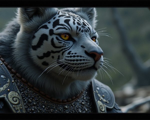 Anthropomorphic tiger in ornate armor in a forest