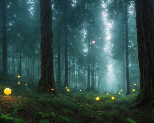 Misty Forest with Glowing Orbs and Towering Trees