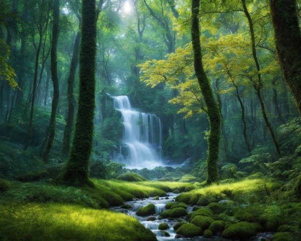 Serene Woodland Scene with Cascading Waterfall