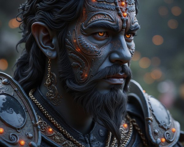 Portrait of a Dark-Skinned Warrior with Tattoos and Armor