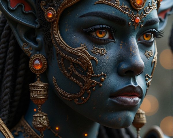 Fantasy Figure with Dark Blue Skin and Gold Jewelry