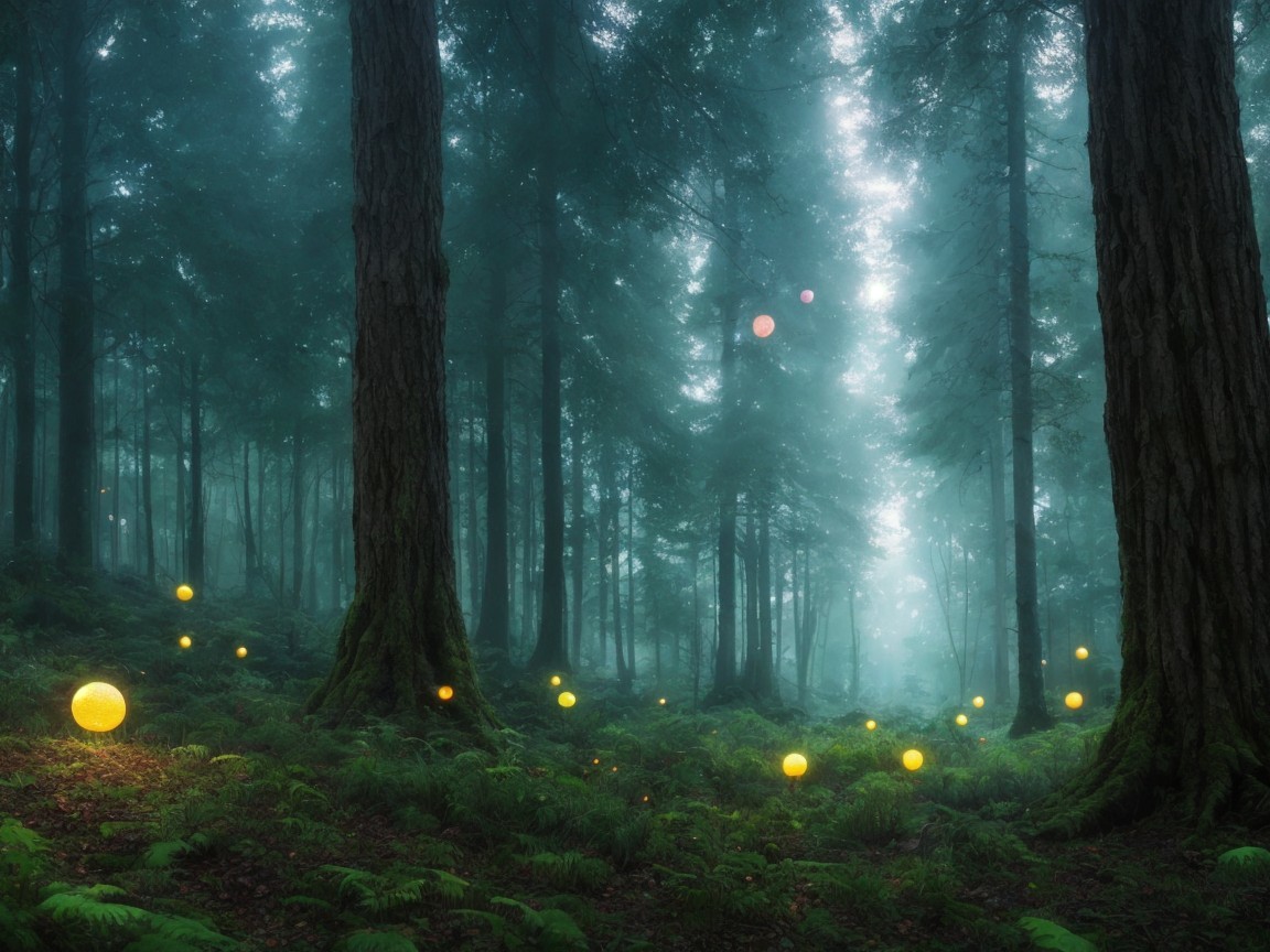 Misty Forest with Glowing Orbs and Towering Trees