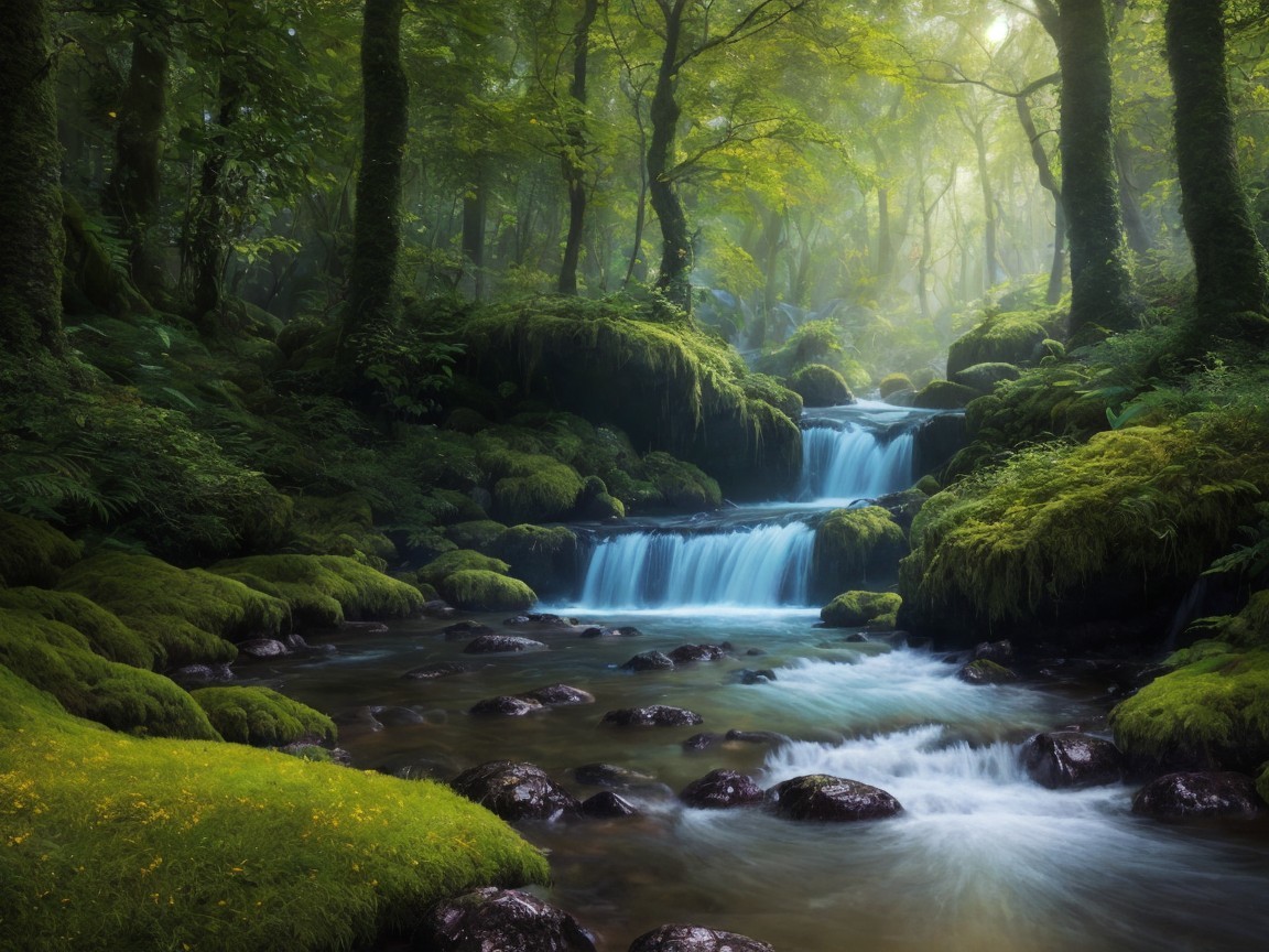 Serene Forest Scene with Gentle Stream and Greenery