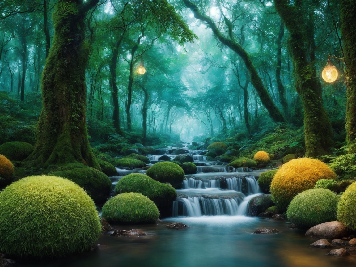 Serene forest scene with gentle stream and moss spheres