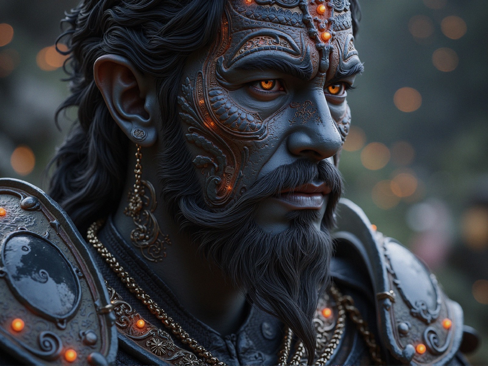 Portrait of a Dark-Skinned Warrior with Tattoos and Armor
