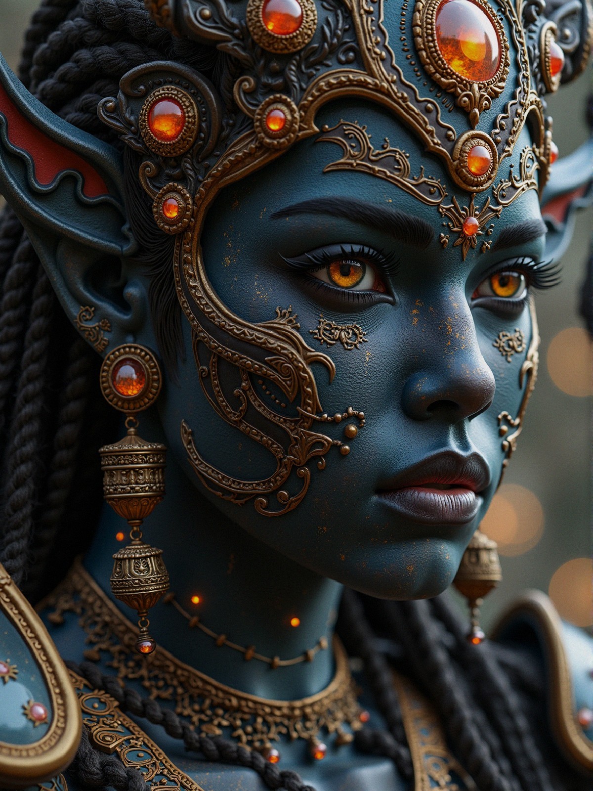 Fantasy Figure with Dark Blue Skin and Gold Jewelry