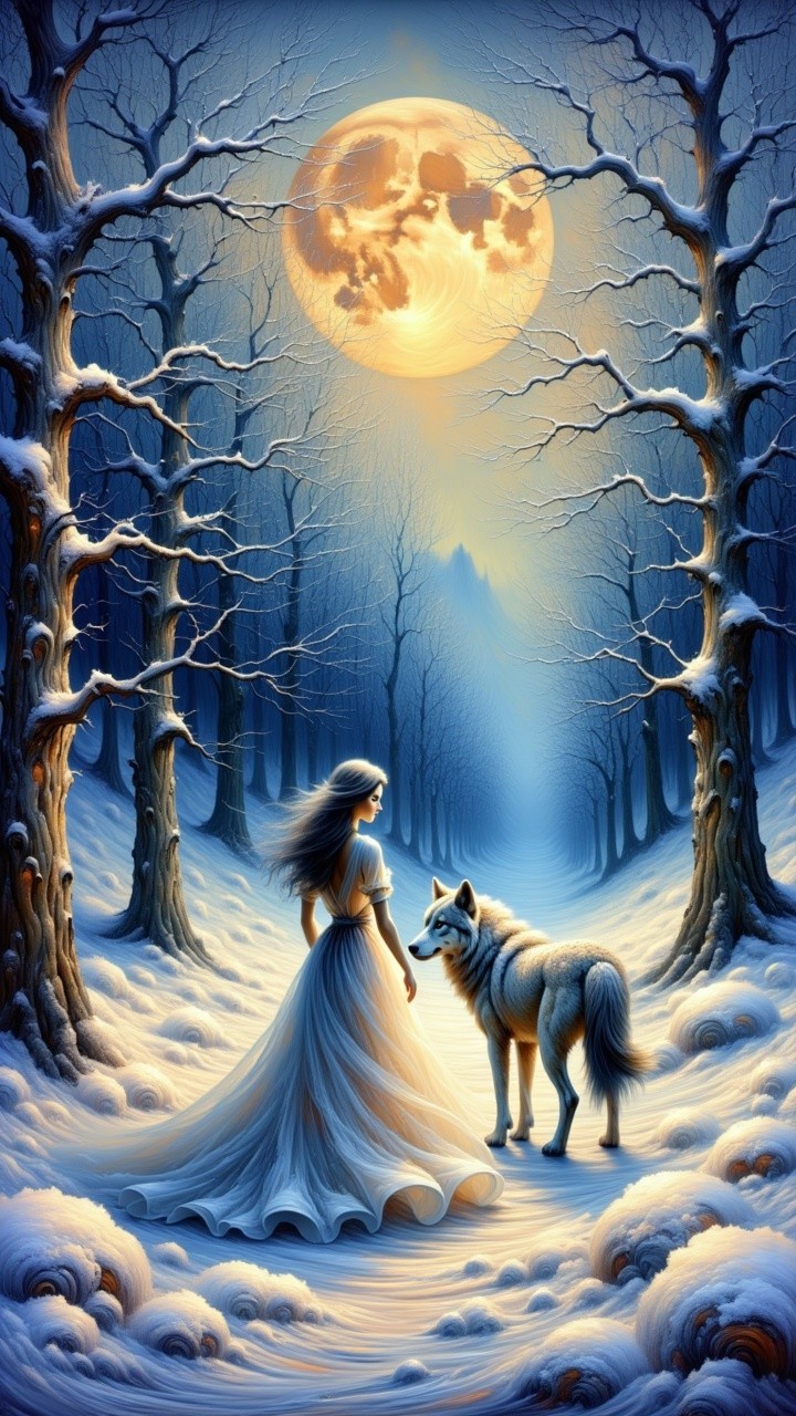 Serene Snowy Forest with Woman and Wolf Under Moon
