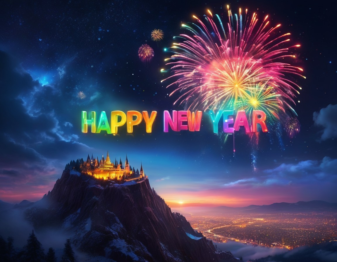 Colorful fireworks illuminate castle on cliff with "HAPPY NEW YEAR" under starry sky